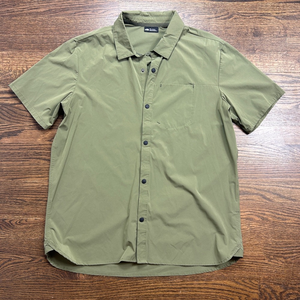 The North Face Shirt Mens Large Olive Green Short Sleeve Snap Button Hiking